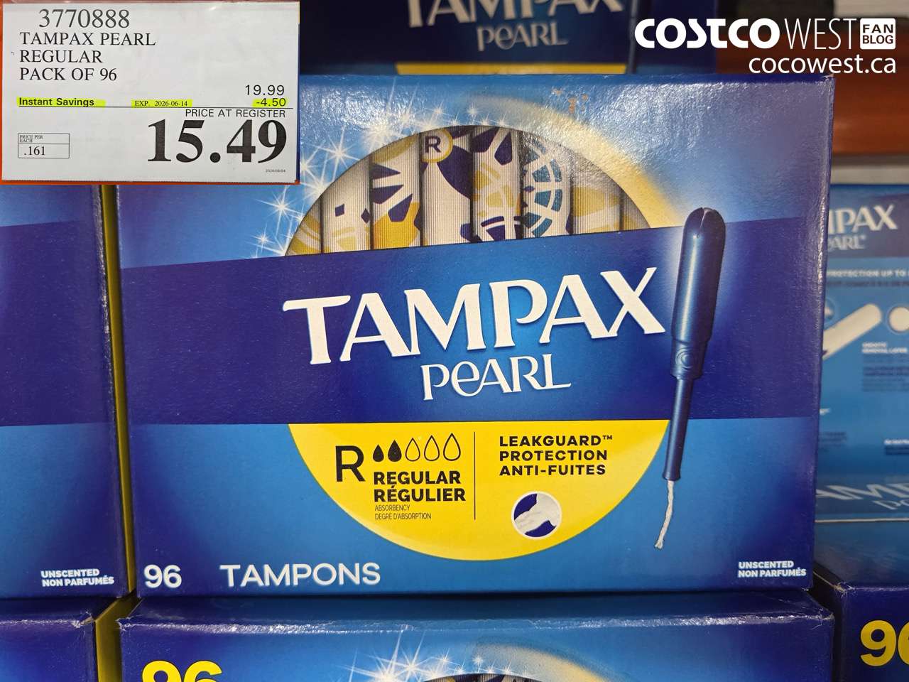 3770888 TAMPAX PEARL REGULAR PACK OF 96 ($4.50 INSTANT SAVINGS EXPIRES ON 2026-06-14) $15.49