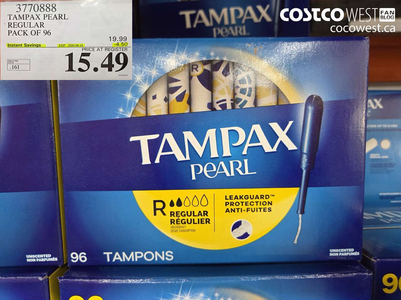 3770888 TAMPAX PEARL REGULAR PACK OF 96 ($4.50 INSTANT SAVINGS EXPIRES ON 2026-06-14) $15.49