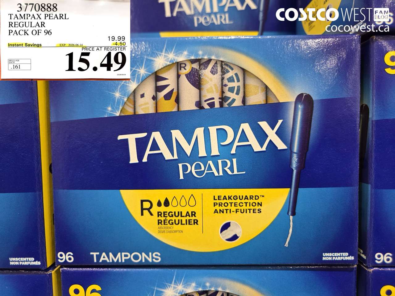 3770888 TAMPAX PEARL REGULAR PACK OF 96 ($4.50 INSTANT SAVINGS EXPIRES ON 2026-06-14) $15.49