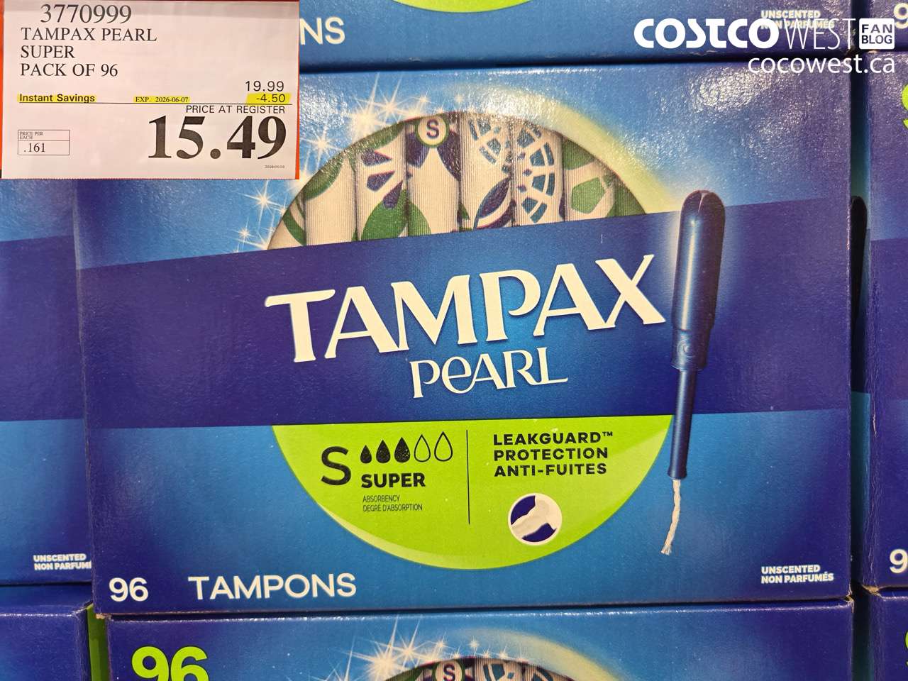 3770999 TAMPAX PEARL SUPER PACK OF 96 ($4.50 INSTANT SAVINGS EXPIRES ON 2026-06-07) $15.49