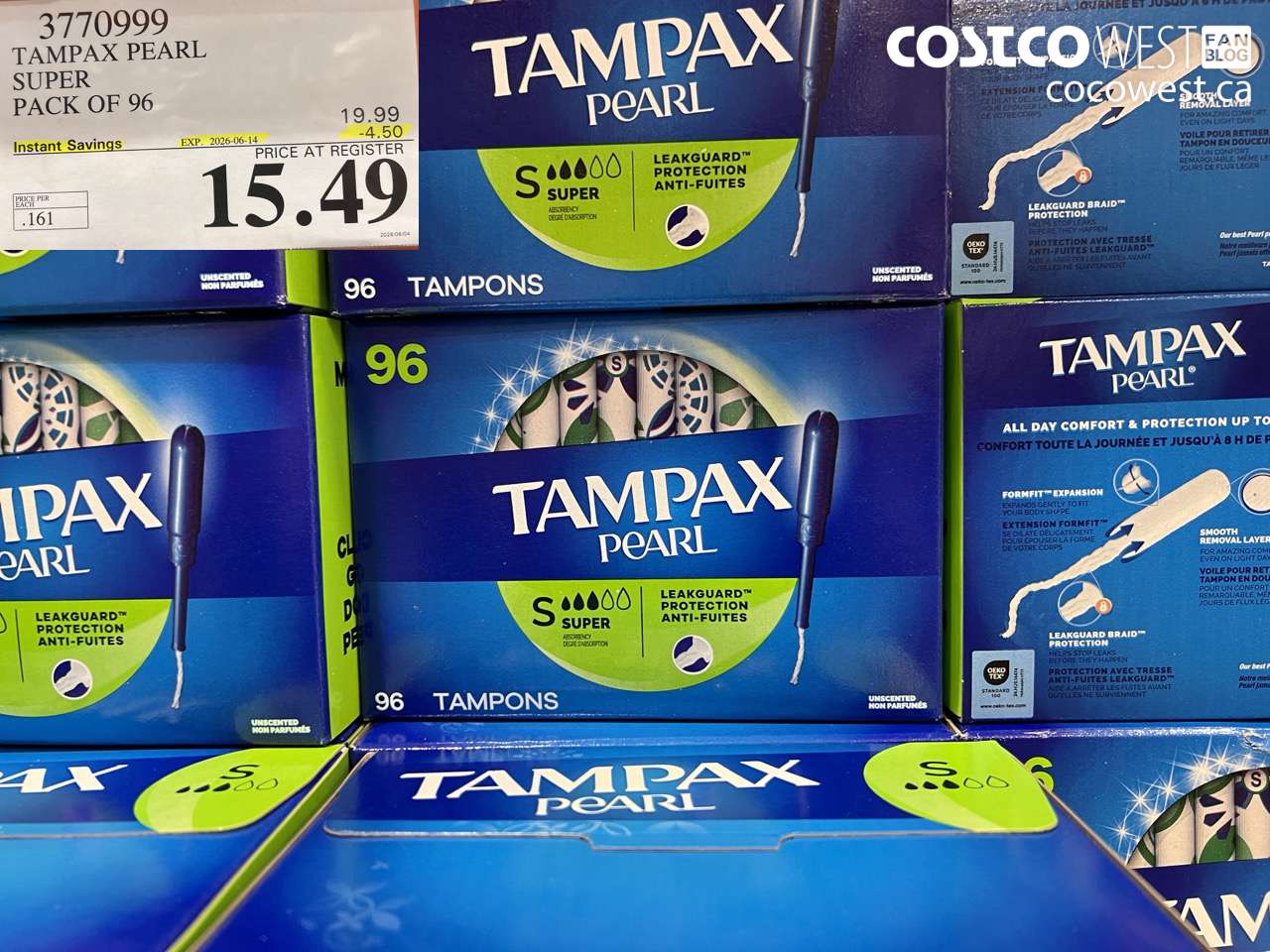 3770999 TAMPAX PEARL SUPER PACK OF 96 ($4.50 INSTANT SAVINGS EXPIRES ON 2026-06-14) $15.49
