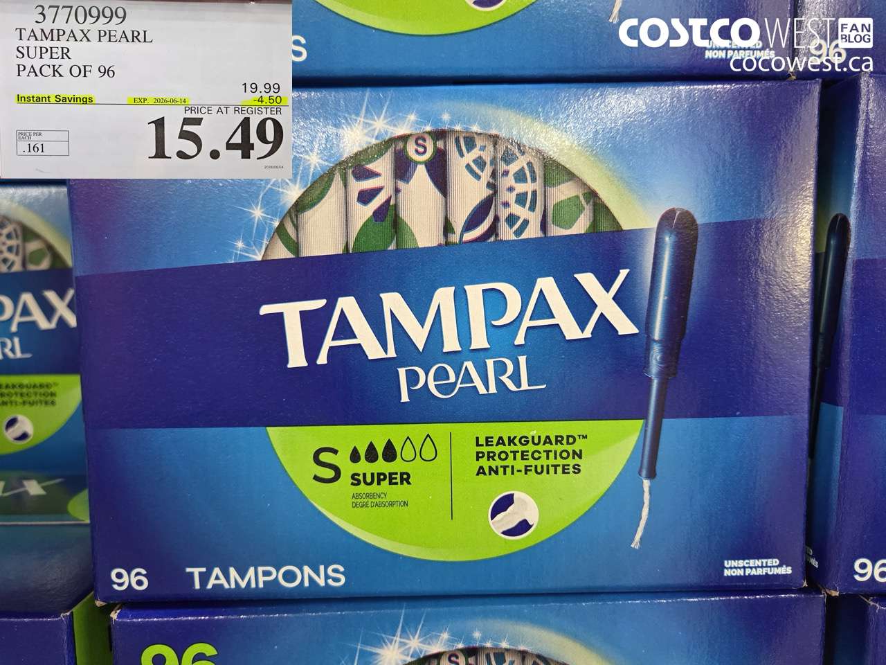 3770999 TAMPAX PEARL SUPER PACK OF 96 ($4.50 INSTANT SAVINGS EXPIRES ON 2026-06-14) $15.49