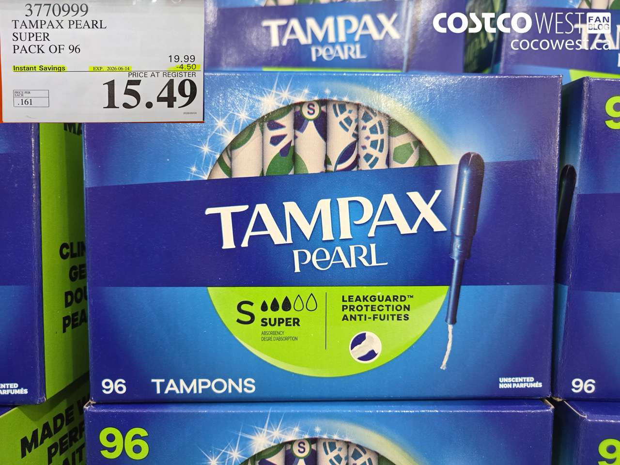 3770999 TAMPAX PEARL SUPER PACK OF 96 ($4.50 INSTANT SAVINGS EXPIRES ON 2026-06-14) $15.49