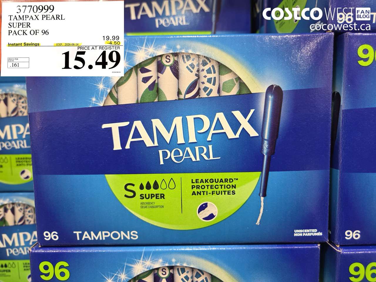 3770999 TAMPAX PEARL SUPER PACK OF 96 ($4.50 INSTANT SAVINGS EXPIRES ON 2026-06-14) $15.49