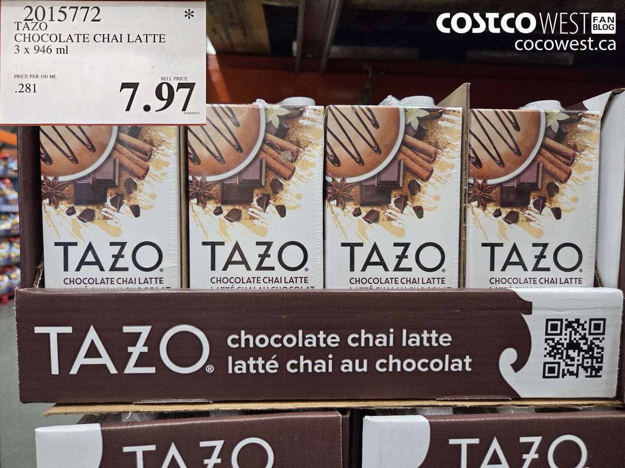 2015772 TAZO CHOCOLATE CHAI LATTE 3 X 946 ML $7.97
