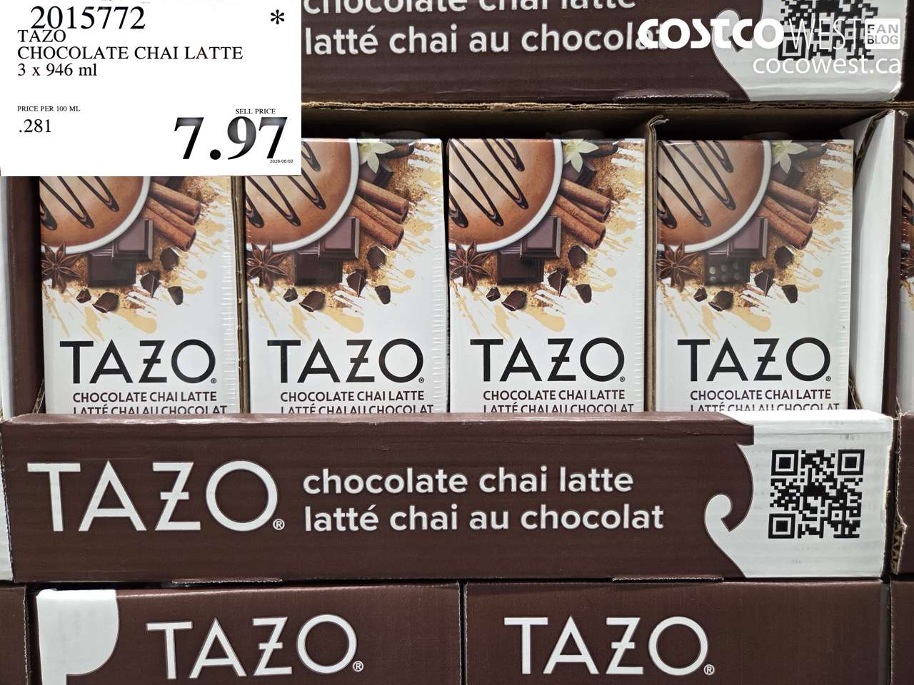 2015772 TAZO CHOCOLATE CHAI LATTE 3 X 946 ML $7.97
