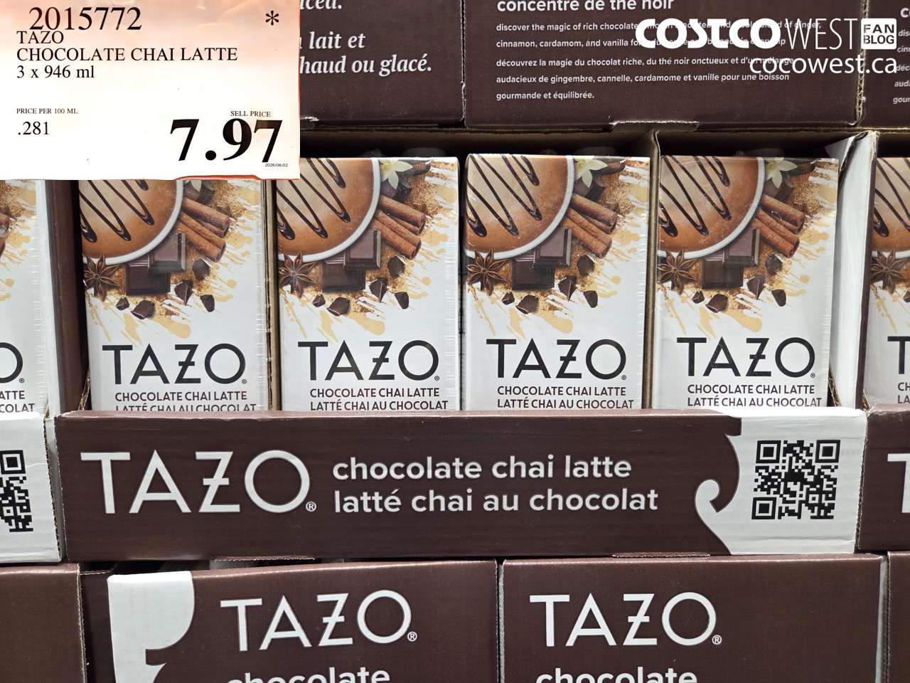 2015772 TAZO CHOCOLATE CHAI LATTE 3 X 946 ML $7.97