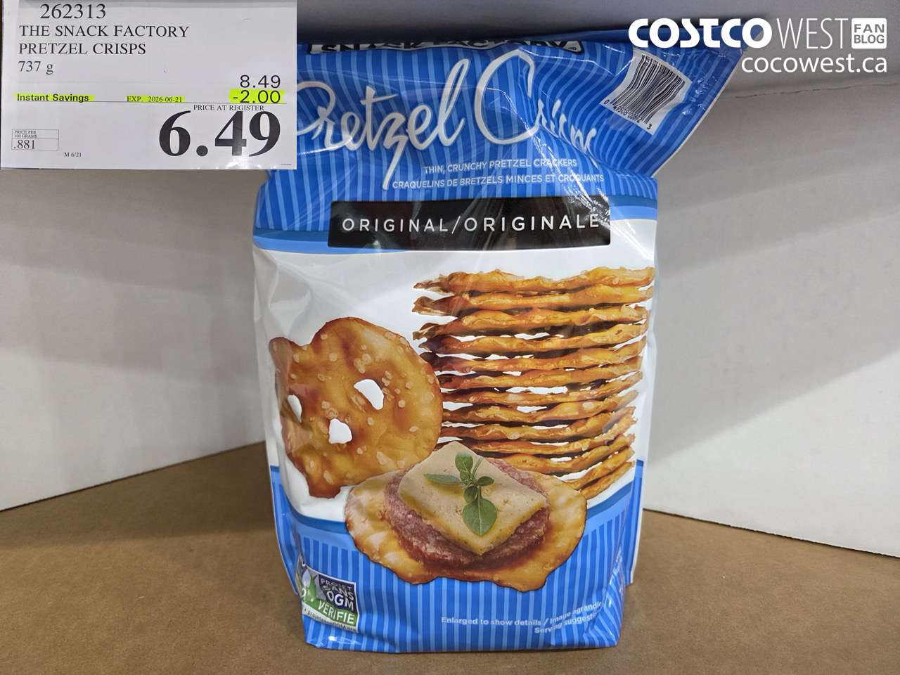 262313 THE SNACK FACTORY PRETZEL CRISPS 737 G ($2.00 INSTANT SAVINGS EXPIRES ON 2026-06-21) $6.49