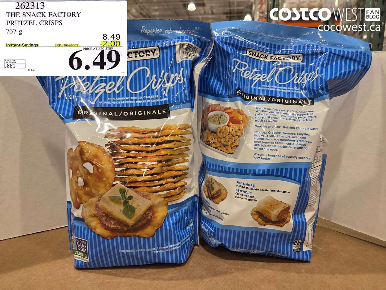 262313 THE SNACK FACTORY PRETZEL CRISPS 737 G ($2.00 INSTANT SAVINGS EXPIRES ON 2026-06-21) $6.49