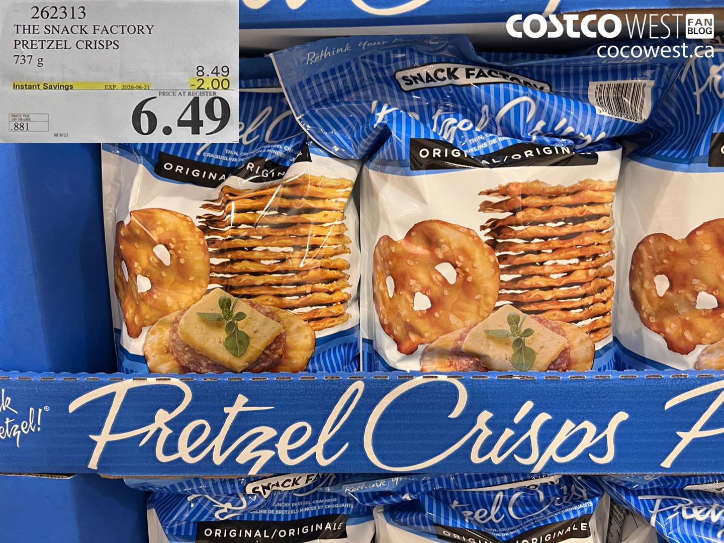 262313 THE SNACK FACTORY PRETZEL CRISPS 737 G ($2.00 INSTANT SAVINGS EXPIRES ON 2024-06-21) $6.49