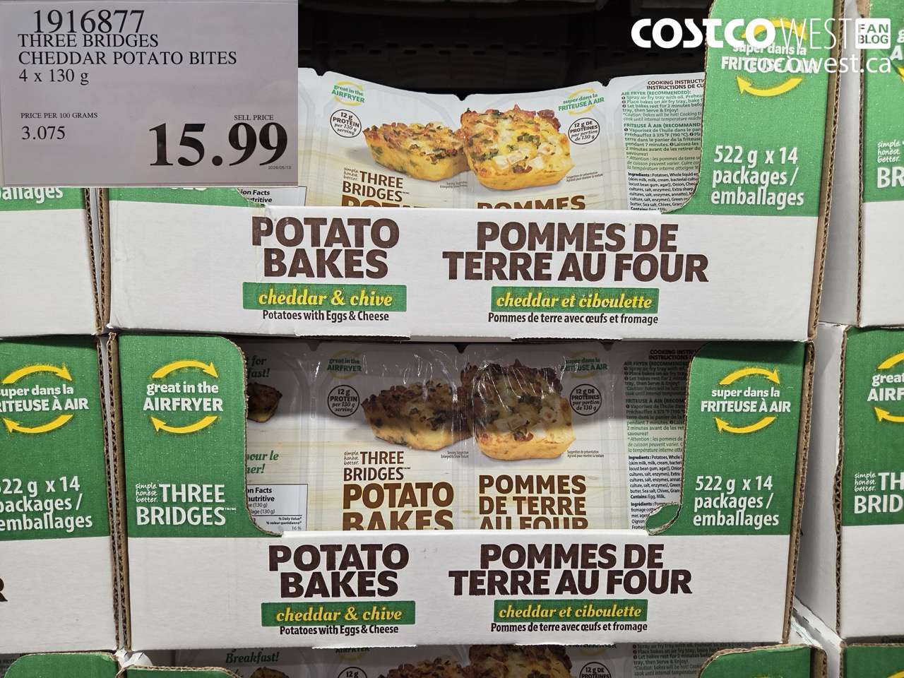 1916877 THREE BRIDGES CHEDDAR POTATO BITES 4 X 130 G $15.99