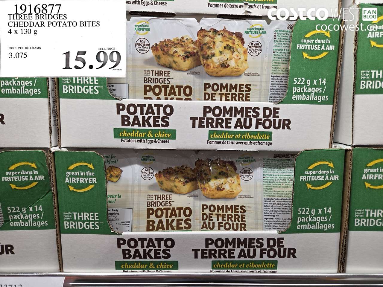 1916877 THREE BRIDGES CHEDDAR POTATO BITES 4 X 130 G $15.99