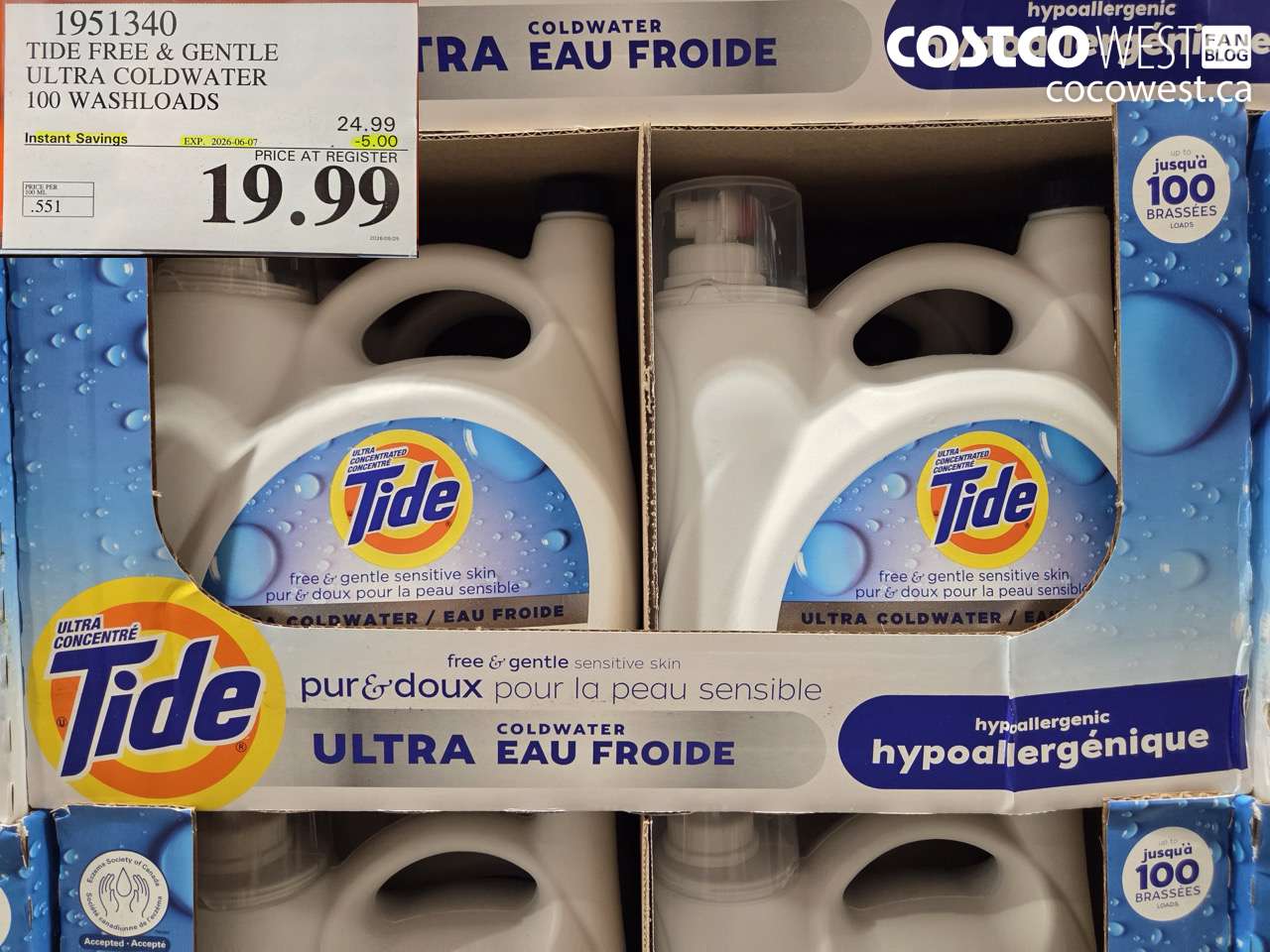 1951340 TIDE FREE & GENTLE ULTRA COLDWATER 100 WASHLOADS ($5.00 INSTANT SAVINGS EXPIRES ON 2026-06-07) $19.99