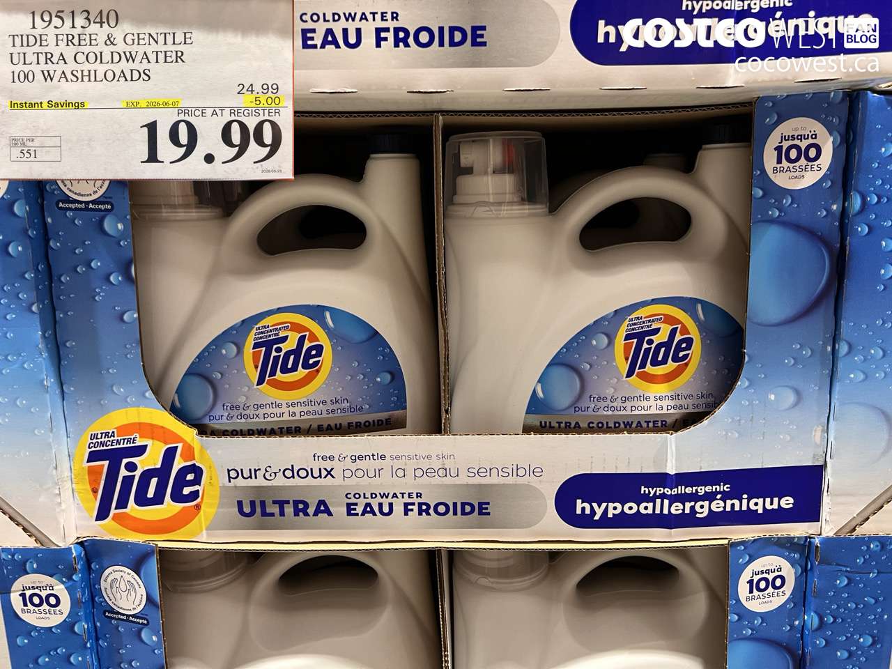 1951340 TIDE FREE & GENTLE ULTRA COLDWATER 100 WASHLOADS ($5.00 INSTANT SAVINGS EXPIRES ON 2026-06-07) $19.99