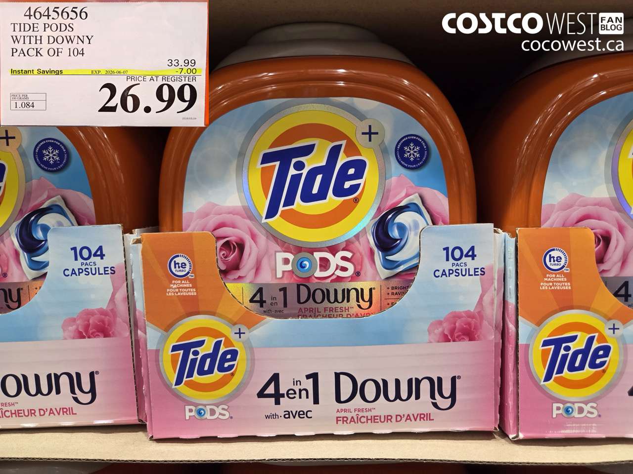 4645656 TIDE PODS WITH DOWNY PACK OF 104 ($7.00 INSTANT SAVINGS EXPIRES ON 2026-06-07) $26.99