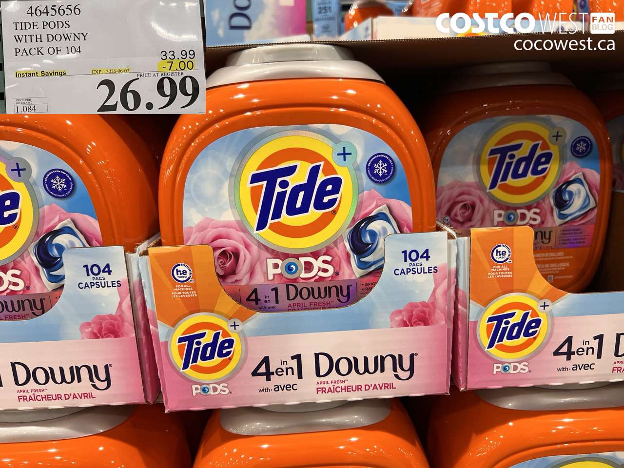 4645656 TIDE PODS WITH DOWNY PACK OF 104 ($7.00 INSTANT SAVINGS EXPIRES ON 2026-06-07) $26.99