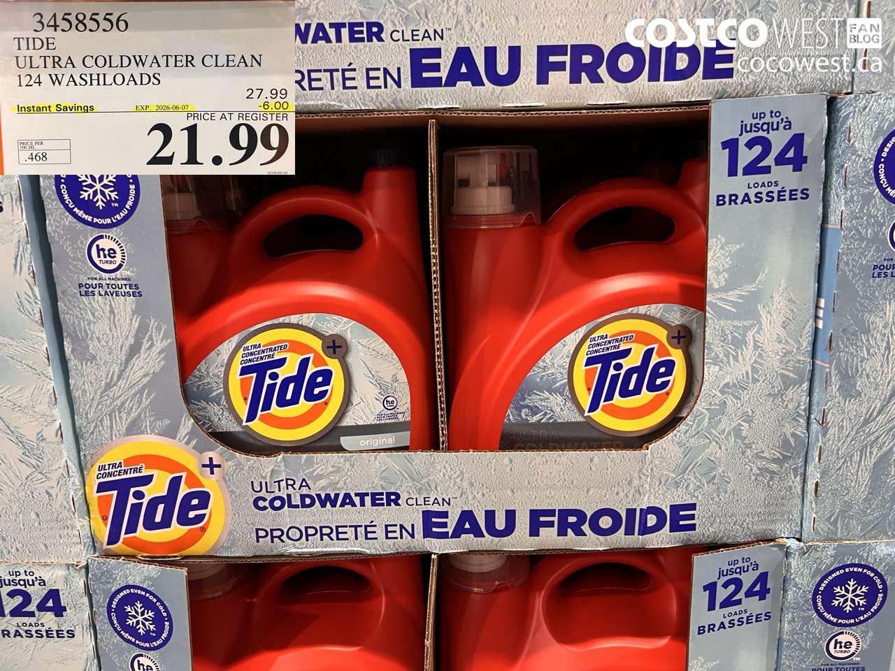 3458556 TIDE ULTRA COLDWATER CLEAN 124 WASHLOADS ($6.00 INSTANT SAVINGS EXPIRES ON 2026-06-07) $21.99
