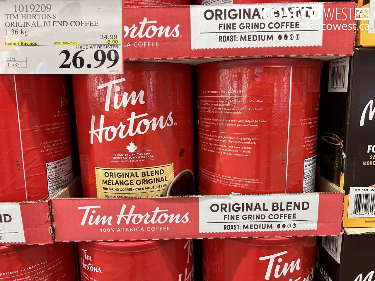 1019209 TIM HORTONS ORIGINAL BLEND COFFEE 1.36 KG ($8.00 INSTANT SAVINGS EXPIRES ON 2026-07-03) $26.99