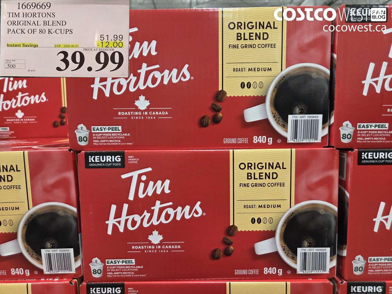 1669669 TIM HORTONS ORIGINAL BLEND PACK OF 80 K-CUPS ($12.00 INSTANT SAVINGS EXPIRES ON 2026-06-07) $39.99