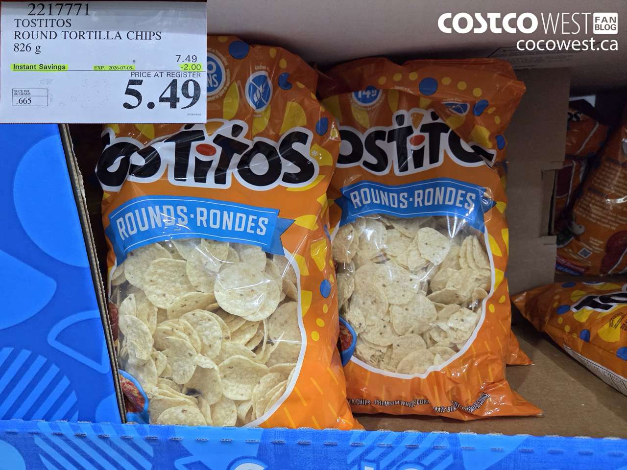 2217771 TOSTITOS ROUND TORTILLA CHIPS 826 G ($2.00 INSTANT SAVINGS EXPIRES ON 2026-07-05) $5.49