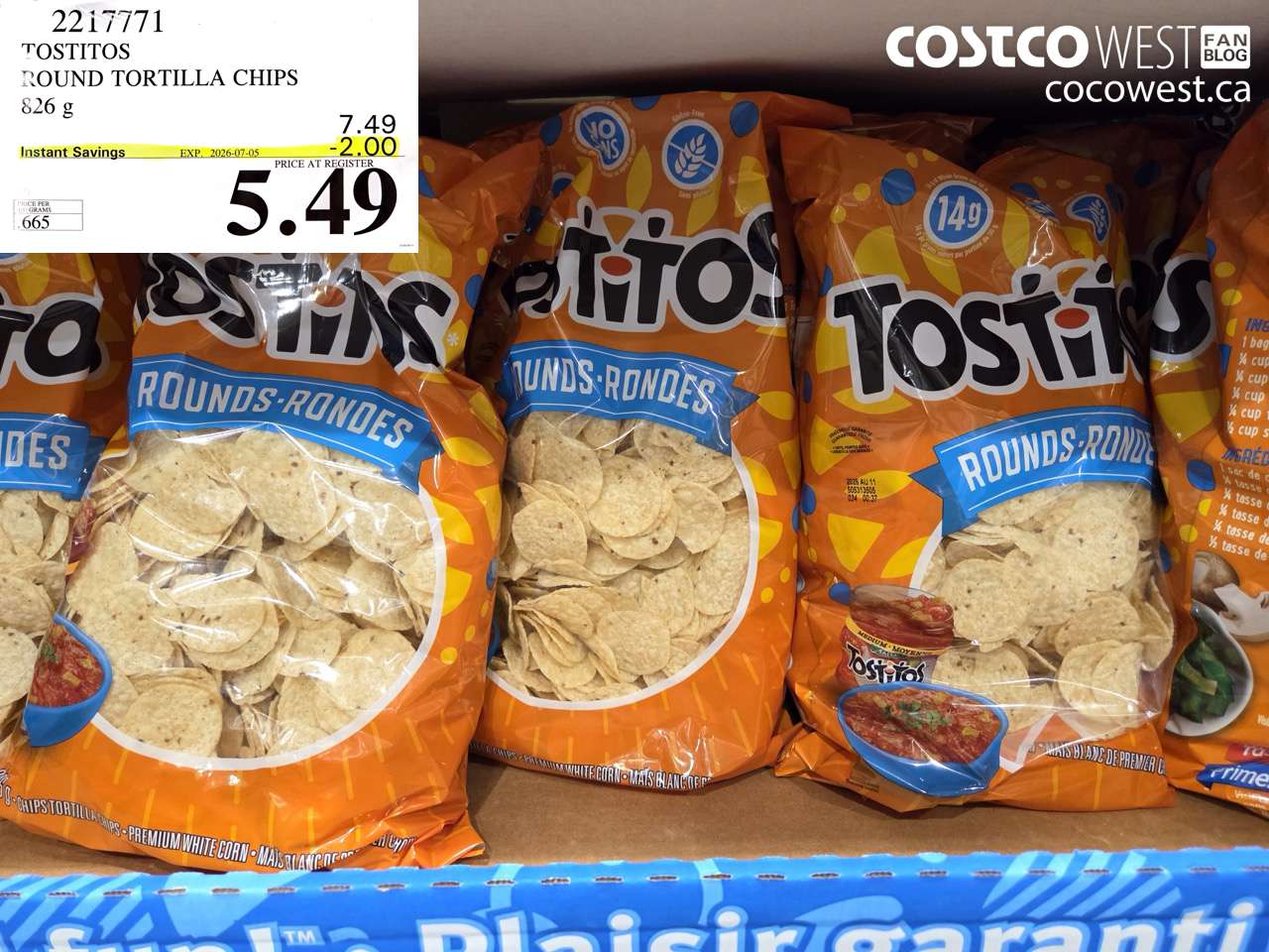 2217771 TOSTITOS ROUND TORTILLA CHIPS 826 G ($2.00 INSTANT SAVINGS EXPIRES ON 2026-07-05) $5.49