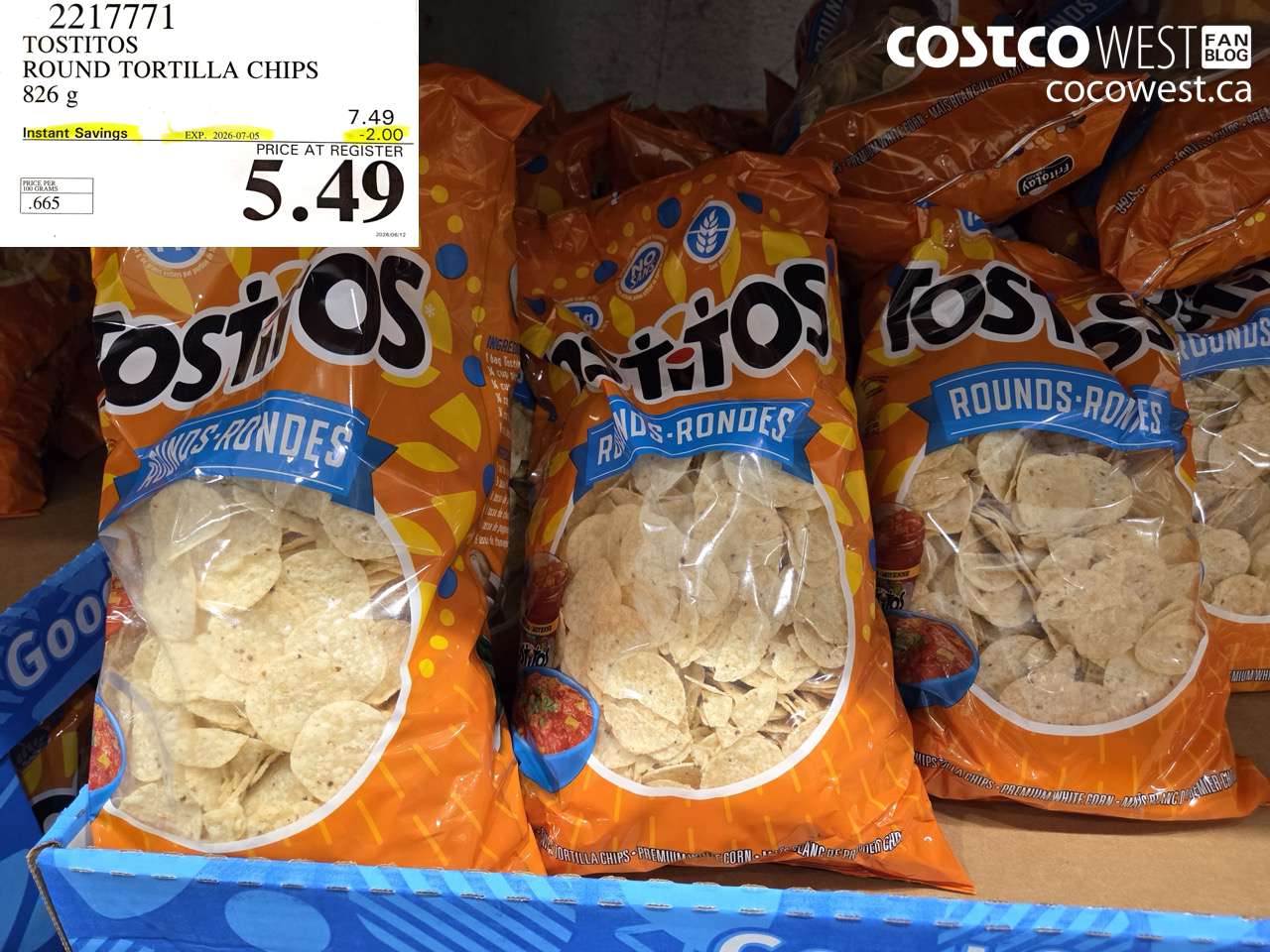 2217771 TOSTITOS ROUND TORTILLA CHIPS 826 G ($2.00 INSTANT SAVINGS EXPIRES ON 2026-07-05) $5.49