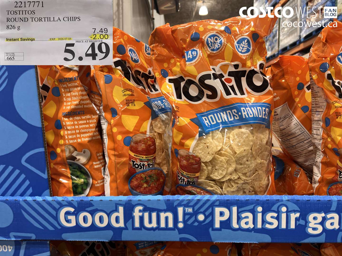 2217771 TOSTITOS ROUND TORTILLA CHIPS 826 G ($2.00 INSTANT SAVINGS EXPIRES ON 2026-07-05) $5.49