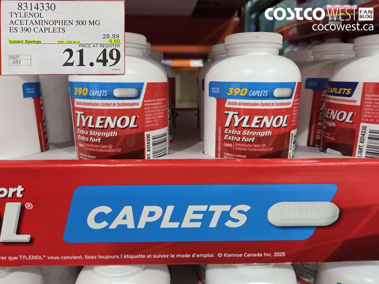 8314330 TYLENOL ACETAMINOPHEN 500 MG ES 390 CAPLETS ($5.50 INSTANT SAVINGS EXPIRES ON 2026-06-14) $21.49