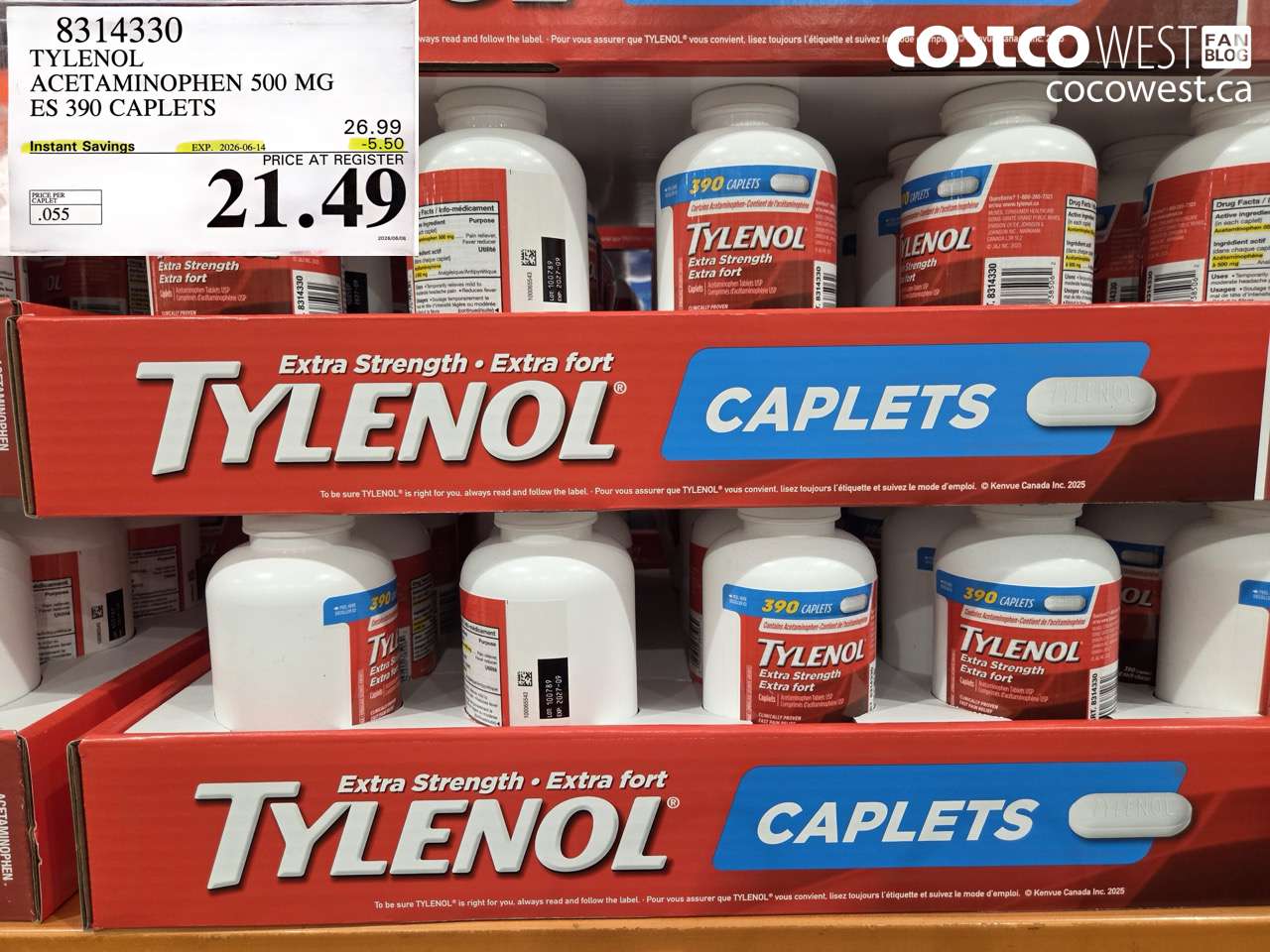 8314330 TYLENOL ACETAMINOPHEN 500 MG ES 390 CAPLETS ($5.50 INSTANT SAVINGS EXPIRES ON 2026-06-14) $21.49