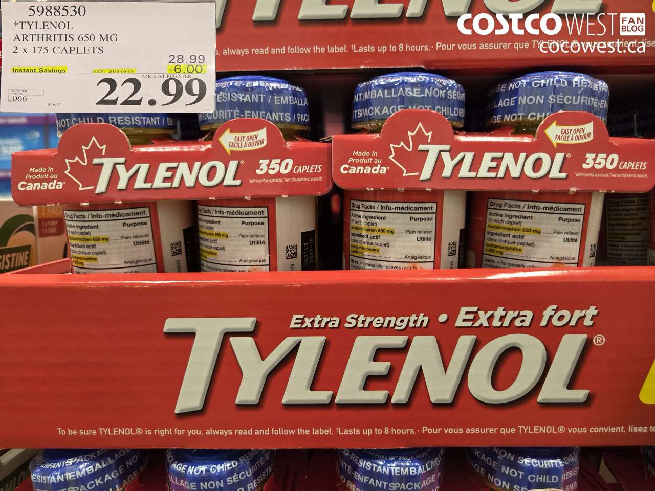 5988530 TYLENOL ARTHRITIS 650 MG 2 X 175 CAPLETS ($6.00 INSTANT SAVINGS EXPIRES ON 2026-06-07) $22.99
