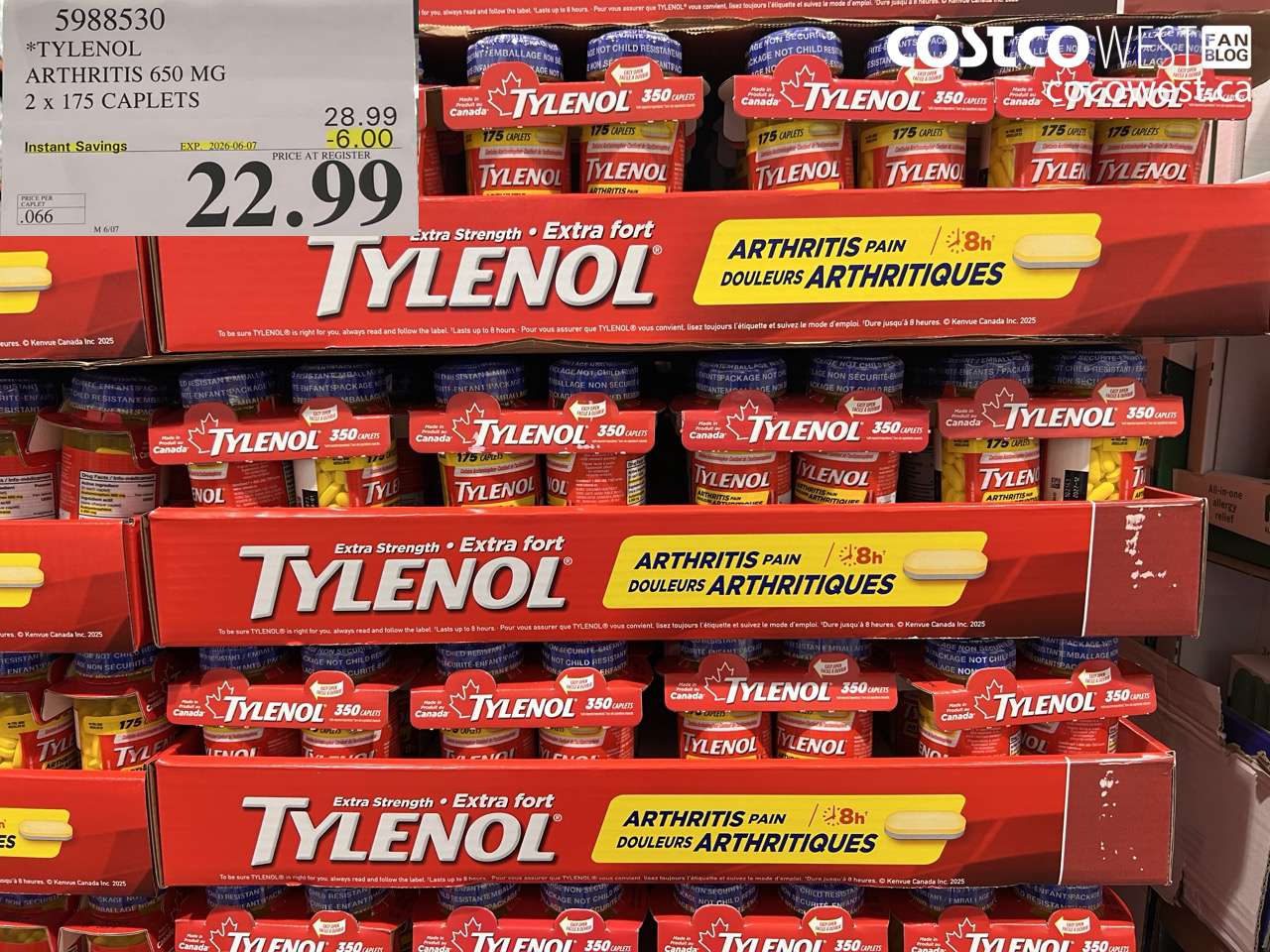 5988530 TYLENOL ARTHRITIS 650 MG 2 X 175 CAPLETS ($6.00 INSTANT SAVINGS EXPIRES ON 2026-06-07) $22.99