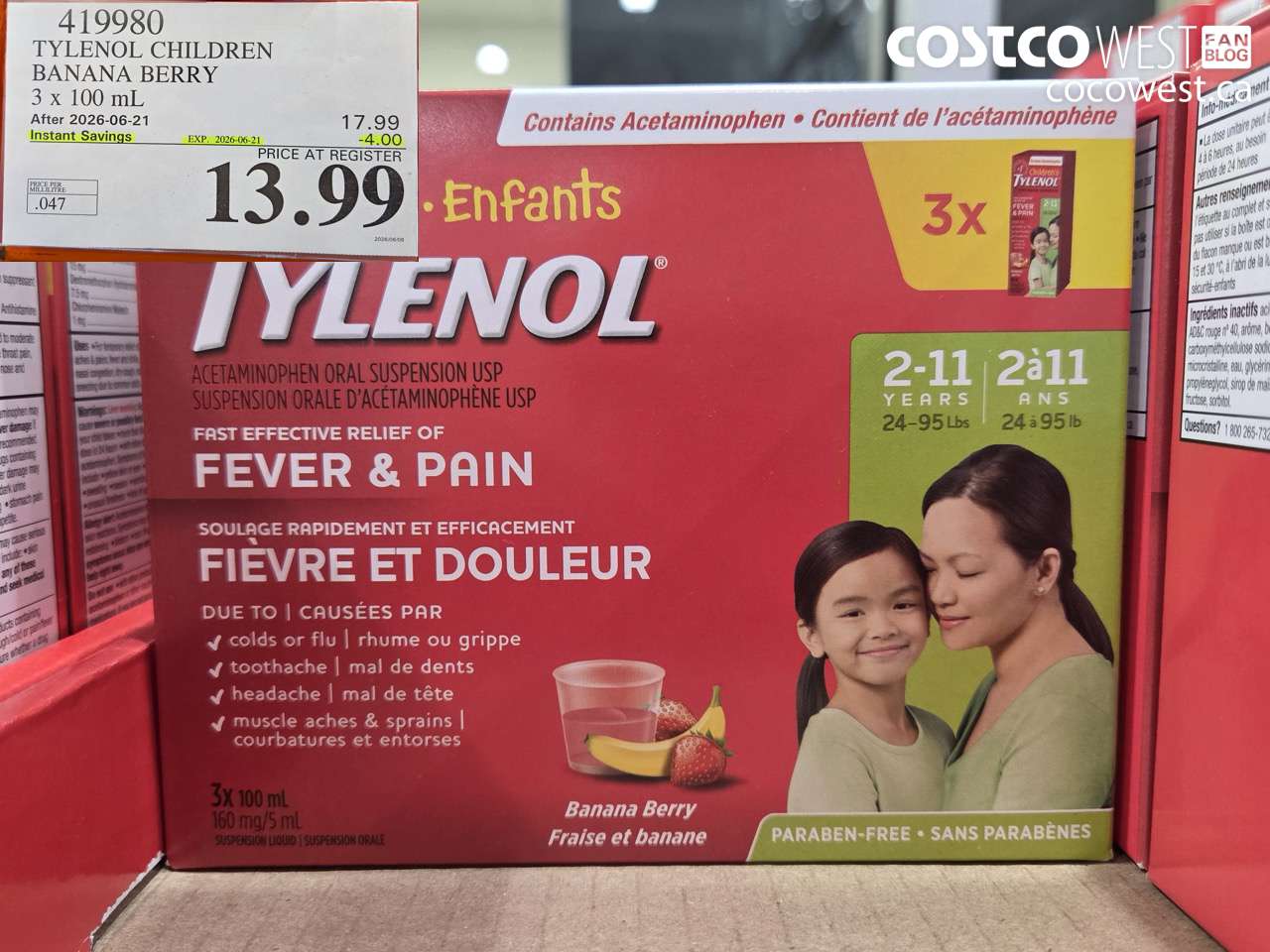 419980 TYLENOL CHILDREN BANANA BERRY 3 X 100 ML ($4.00 INSTANT SAVINGS EXPIRES ON 2026-06-21) $13.99