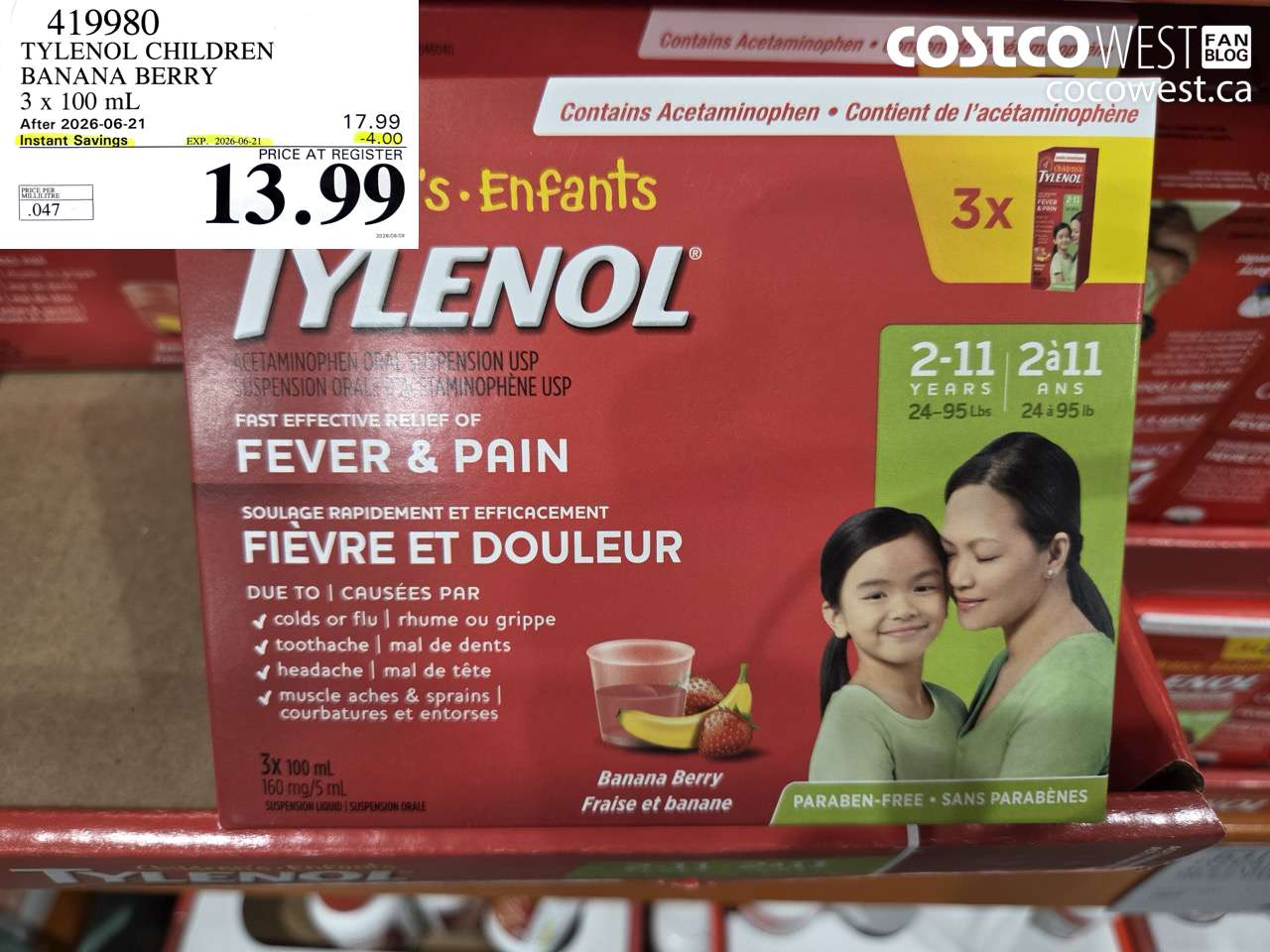 419980 TYLENOL CHILDREN BANANA BERRY 3 X 100 ML ($4.00 INSTANT SAVINGS EXPIRES ON 2026-06-21) $13.99