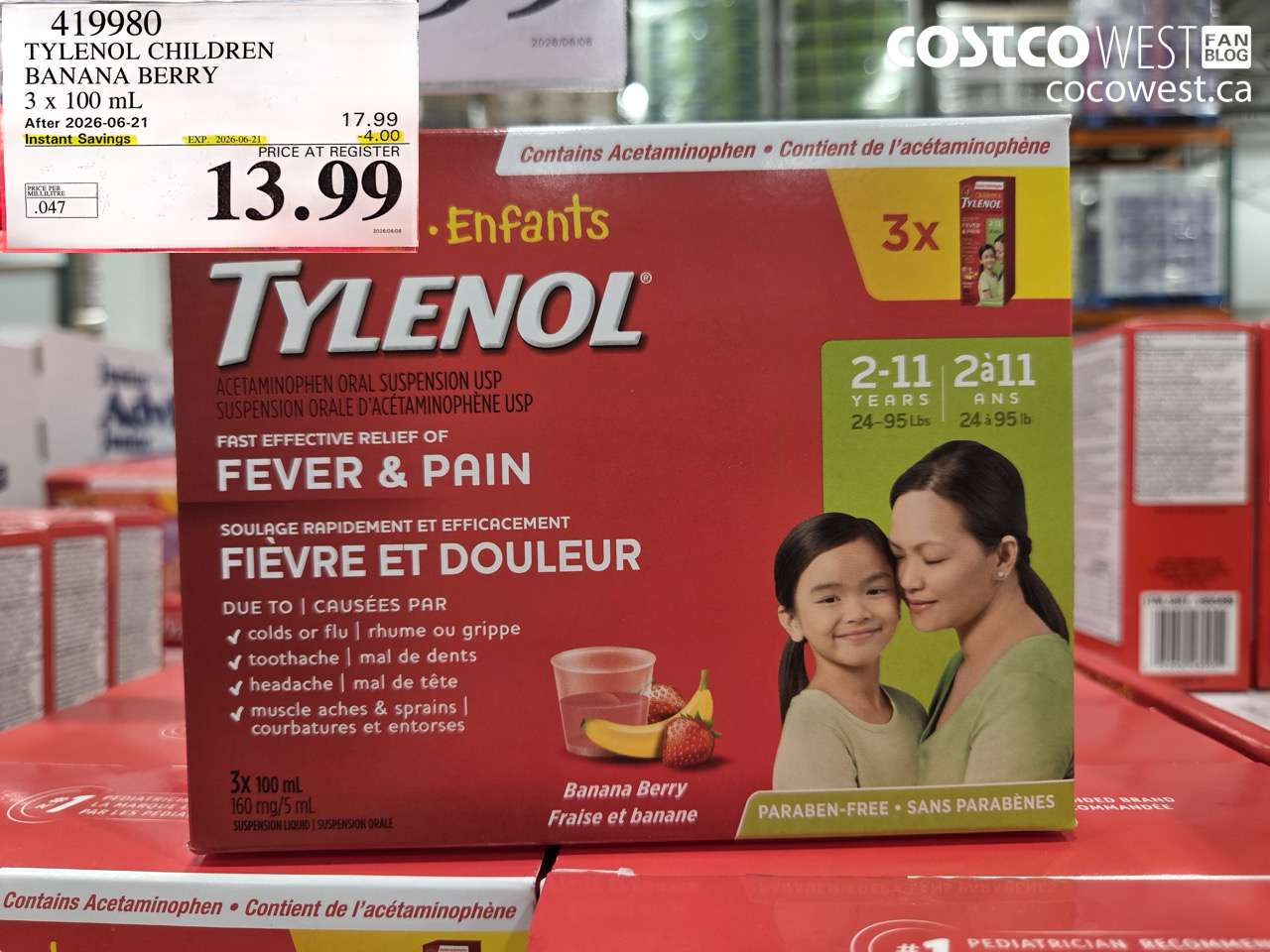 419980 TYLENOL CHILDREN BANANA BERRY 3 X 100 ML ($4.00 INSTANT SAVINGS EXPIRES ON 2026-06-21) $13.99