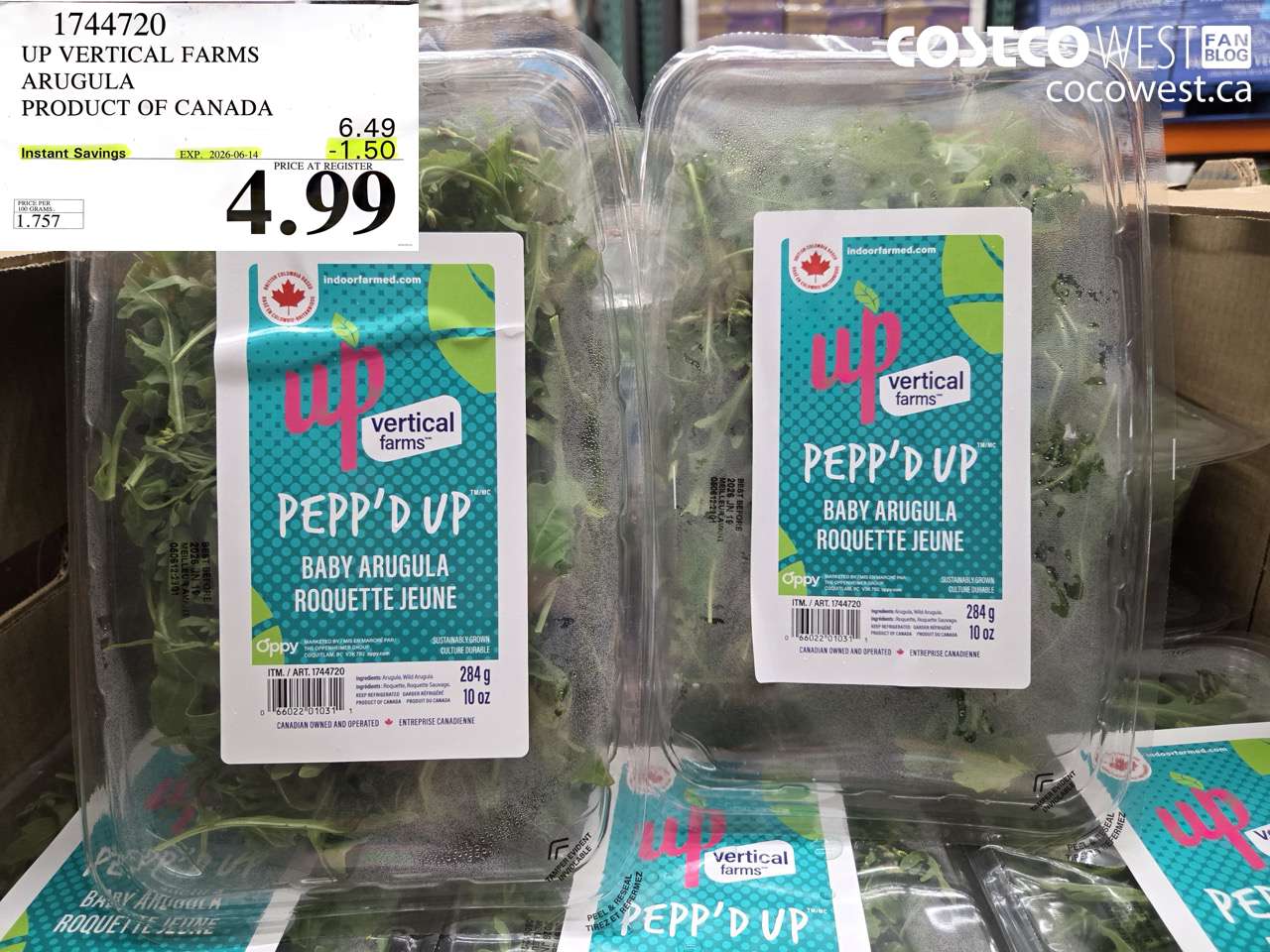 1744720 UP VERTICAL FARMS ARUGULA PRODUCT OF CANADA ($1.50 INSTANT SAVINGS EXPIRES ON 2026-06-14) $4.99