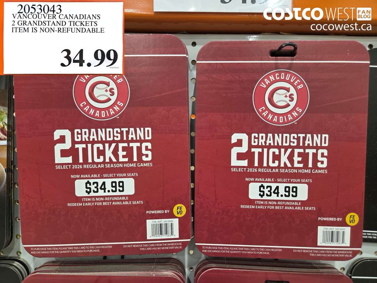 2053043 VANCOUVER CANADIANS 2 GRANDSTAND TICKETS ITEM IS NON-REFUNDABLE $34.99