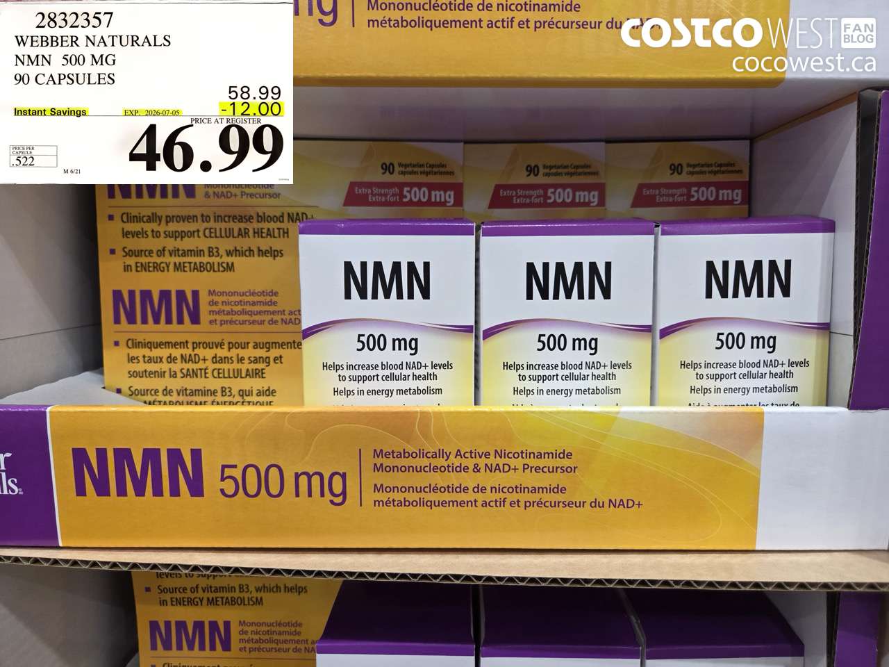 2832357 WEBBER NATURALS NMN 500 MG 90 CAPSULES ($12.00 INSTANT SAVINGS EXPIRES ON 2026-07-05) $46.99