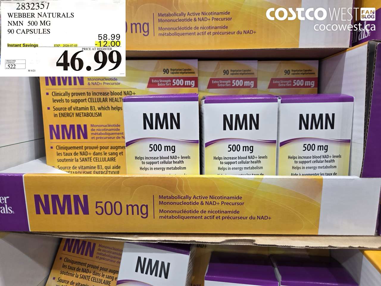 2832357 WEBBER NATURALS NMN 500 MG 90 CAPSULES ($12.00 INSTANT SAVINGS EXPIRES ON 2026-07-05) $46.99