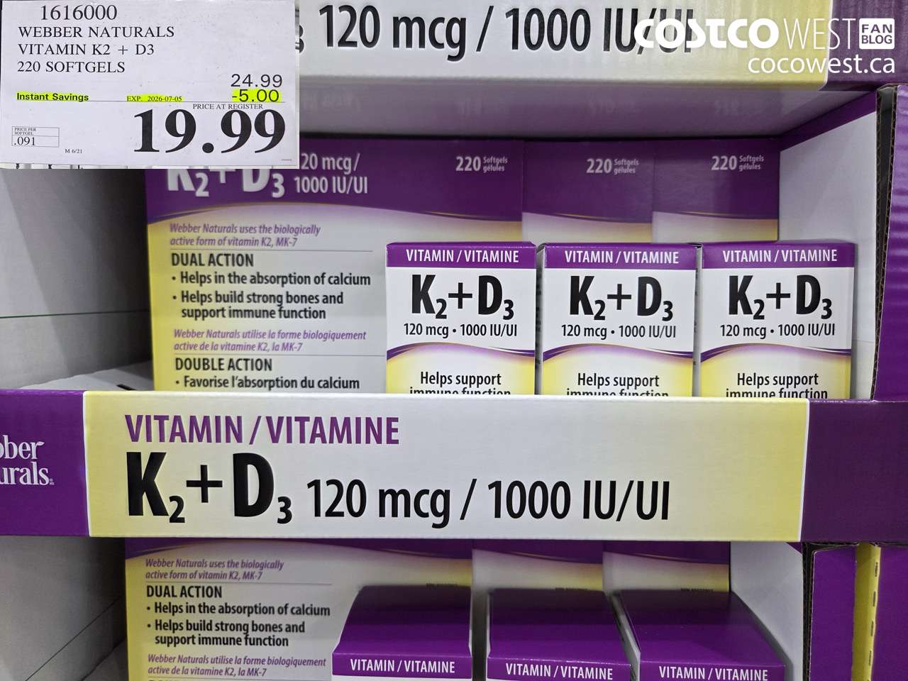 1616000 WEBBER NATURALS VITAMIN K2 + D3 220 SOFTGELS ($5.00 INSTANT SAVINGS EXPIRES ON 2026-07-05) $19.99