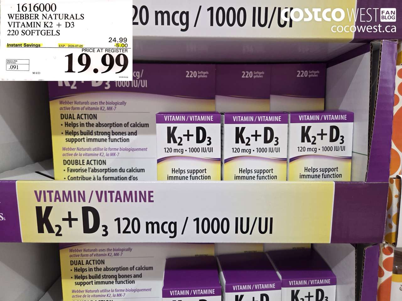 1616000 WEBBER NATURALS VITAMIN K2 + D3 220 SOFTGELS ($5.00 INSTANT SAVINGS EXPIRES ON 2026-07-05) $19.99