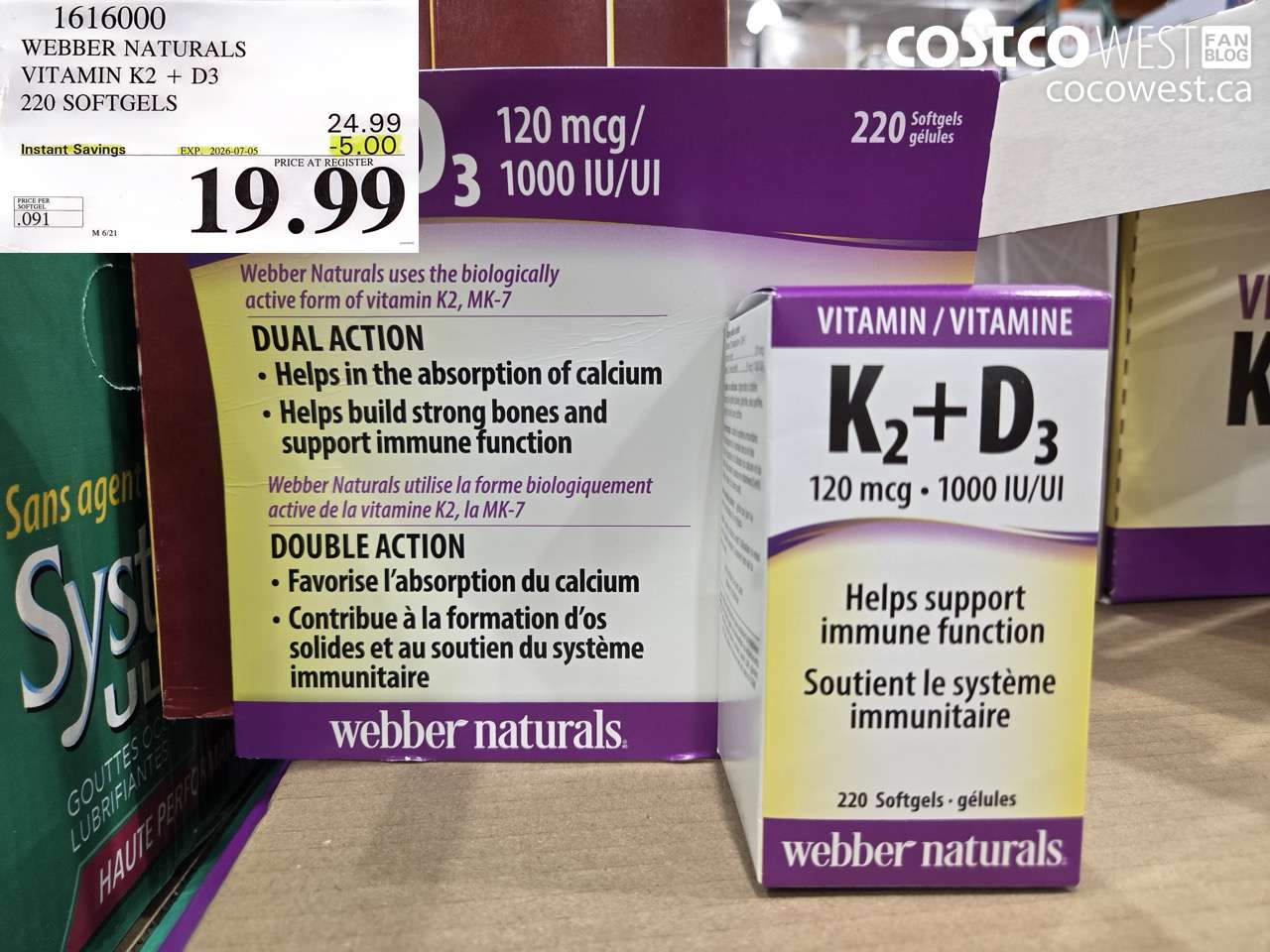 1616000 WEBBER NATURALS VITAMIN K2 + D3 220 SOFTGELS ($5.00 INSTANT SAVINGS EXPIRES ON 2026-07-05) $19.99