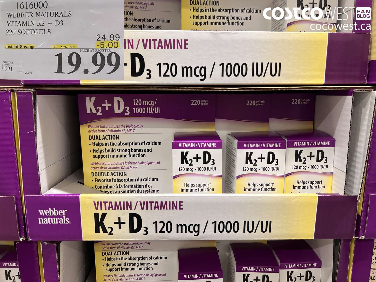 1616000 WEBBER NATURALS VITAMIN K2 + D3 220 SOFTGELS ($5.00 INSTANT SAVINGS EXPIRES ON 2026-07-05) $19.99