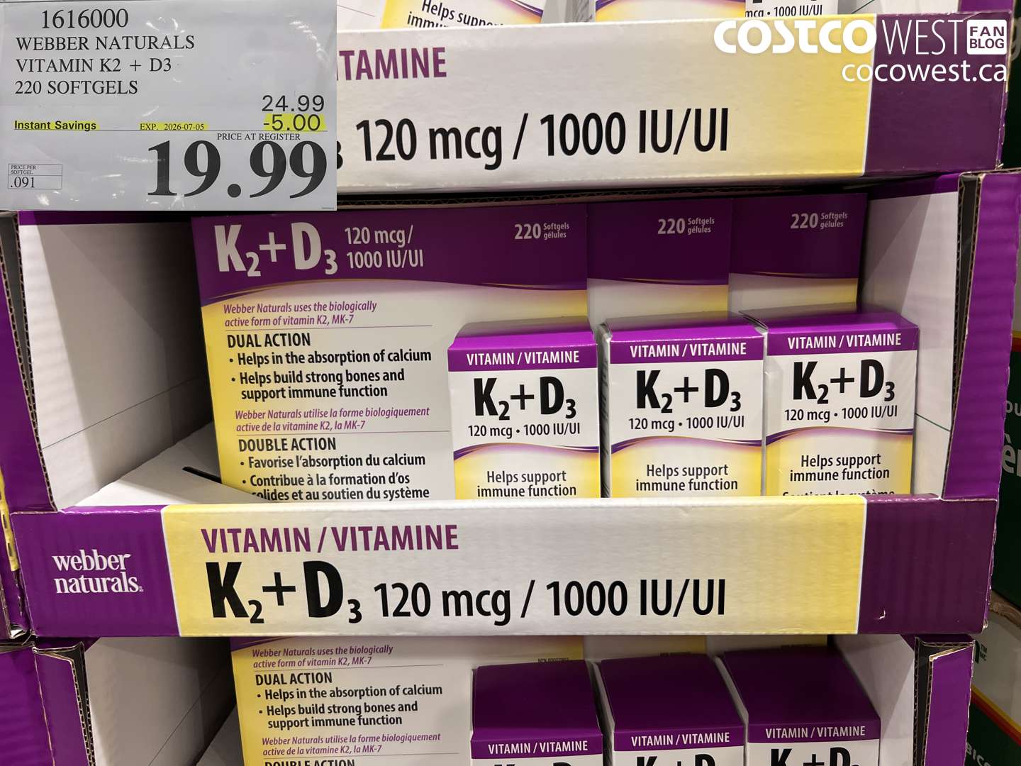 1616000 WEBBER NATURALS VITAMIN K2 + D3 220 SOFTGELS ($5.00 INSTANT SAVINGS EXPIRES ON 2026-07-05) $19.99