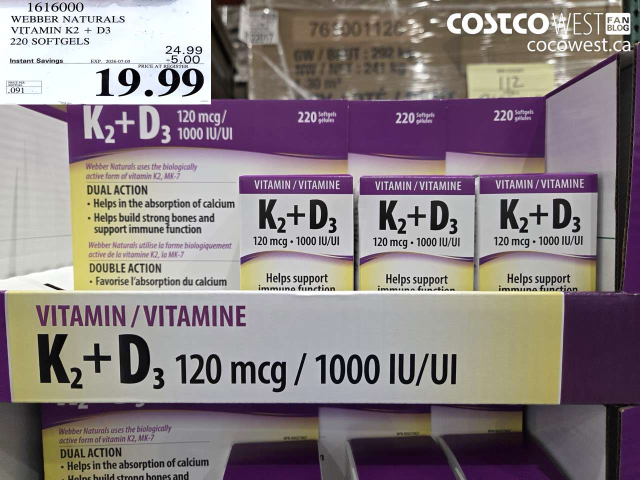 1616000 WEBBER NATURALS VITAMIN K2 + D3 220 SOFTGELS ($5.00 INSTANT SAVINGS EXPIRES ON 2026-07-05) $19.99