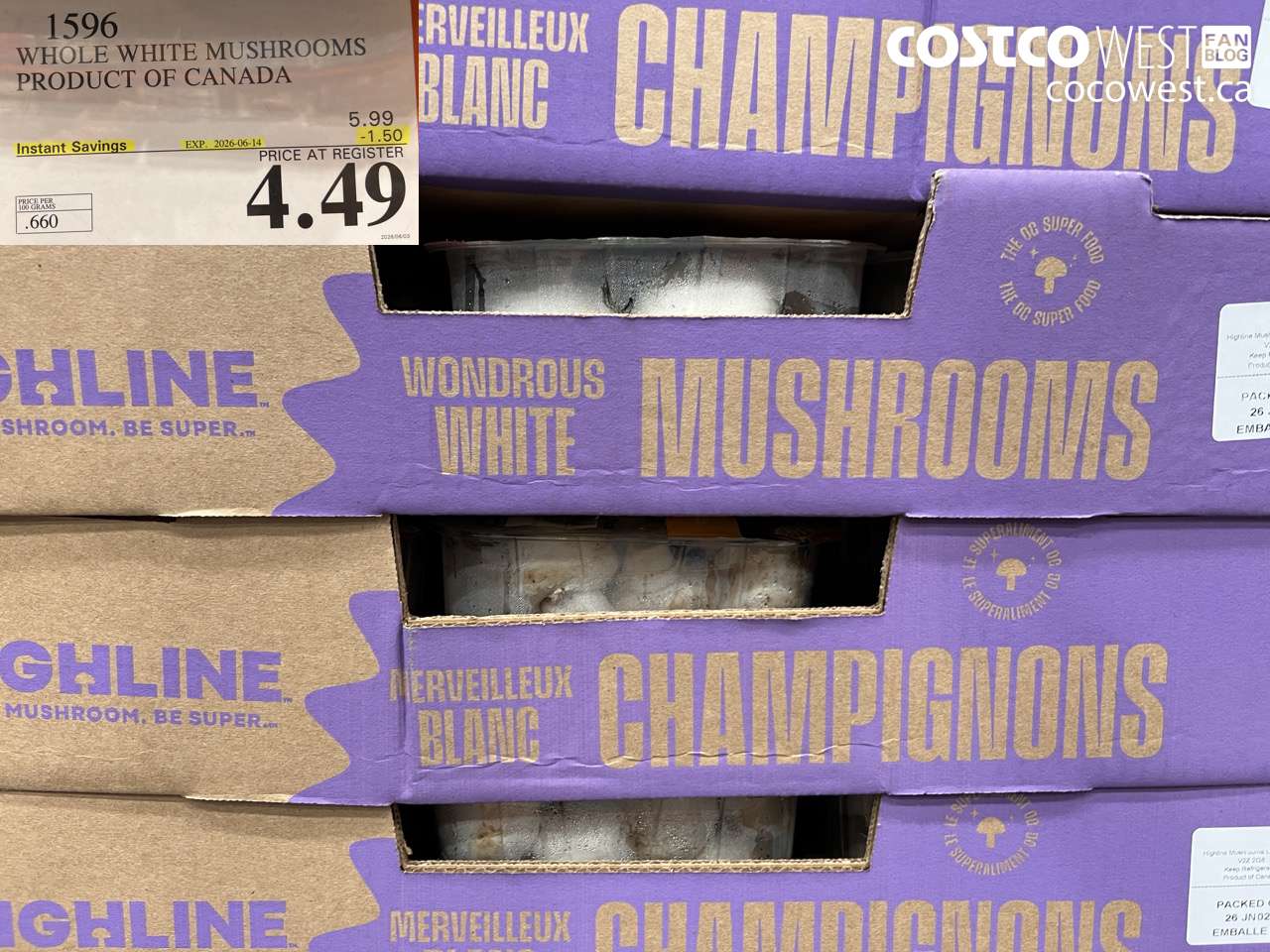 1596 WHOLE WHITE MUSHROOMS PRODUCT OF CANADA ($1.50 INSTANT SAVINGS EXPIRES ON 2026-06-14) $4.49