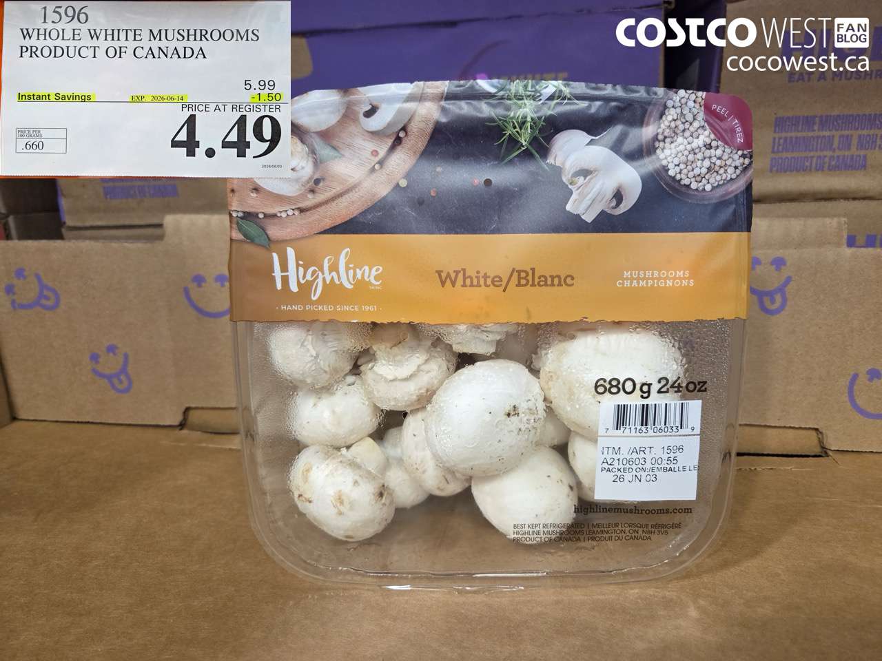 1596 WHOLE WHITE MUSHROOMS PRODUCT OF CANADA ($1.50 INSTANT SAVINGS EXPIRES ON 2026-06-14) $4.49