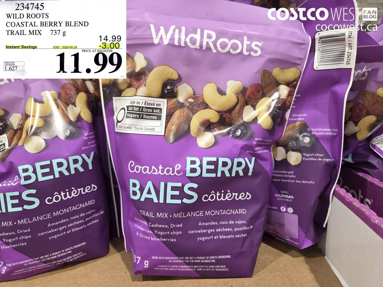 234745 WILD ROOTS COASTAL BERRY BLEND TRAIL MIX 737 G ($3.00 INSTANT SAVINGS EXPIRES ON 2026-06-28) $11.99