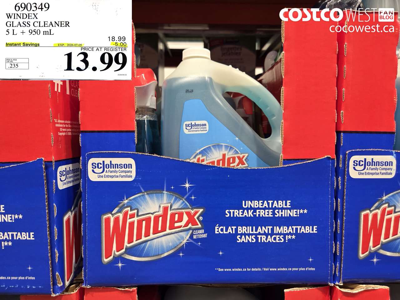 690349 WINDEX GLASS CLEANER 5 L + 950 ML ($5.00 INSTANT SAVINGS EXPIRES ON 2026-07-05) $13.99