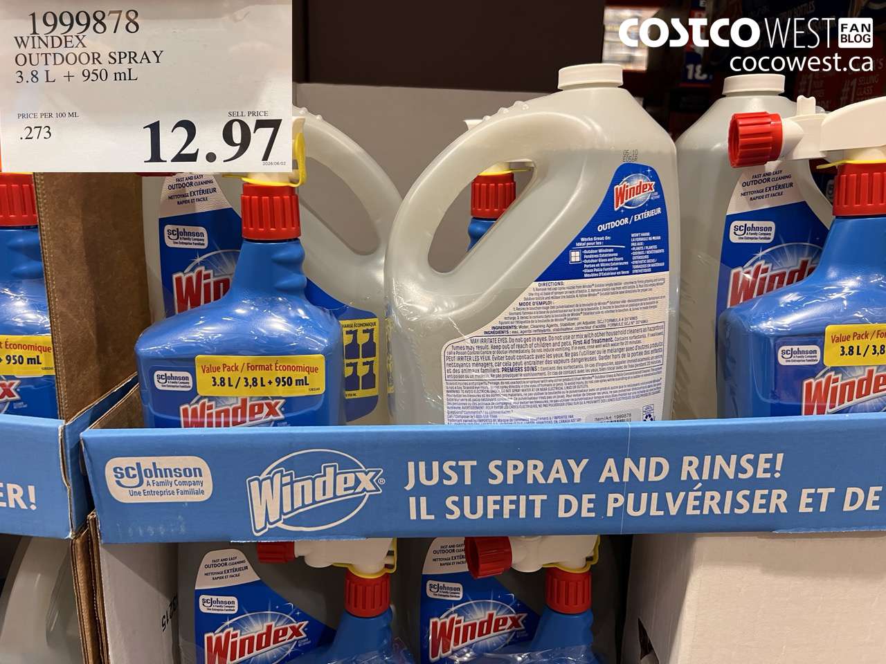 1999878 WINDEX OUTDOOR SPRAY 3.8 L + 950 ML $12.97