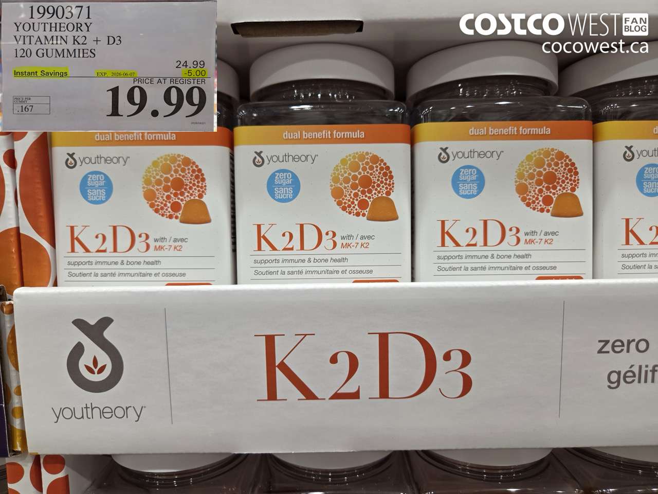 1990371 YOUTHEORY VITAMIN K2 + D3 120 GUMMIES ($5.00 INSTANT SAVINGS EXPIRES ON 2026-06-07) $19.99